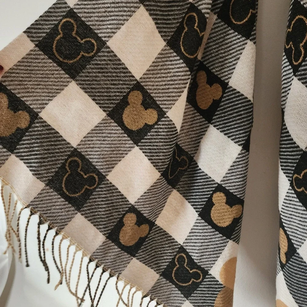 NWOT Mickey Mouse Brown White Black Plaid Scarf Fringe Classic